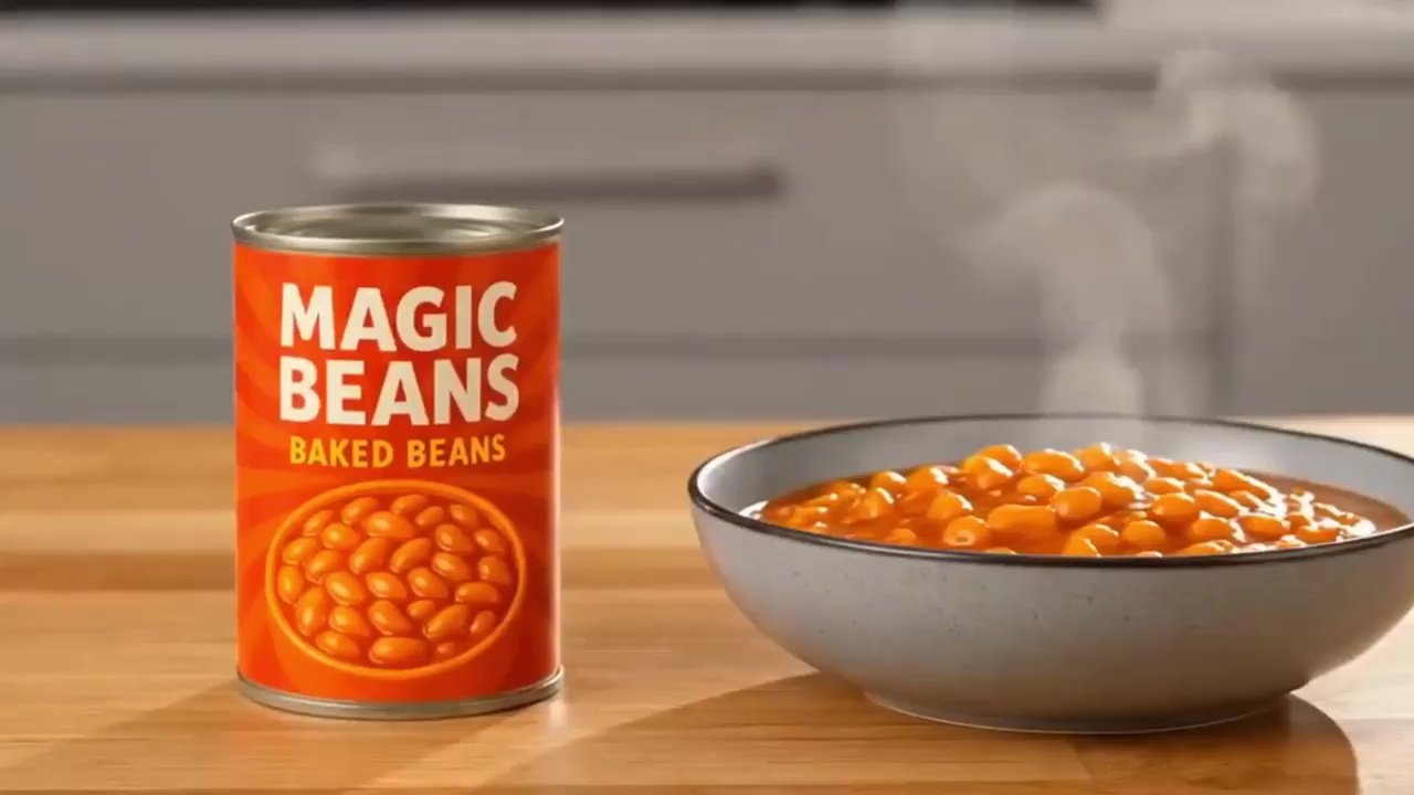 A can of Magic Beans beside a bowl of baked beans in a QuickFrame AI example commercial