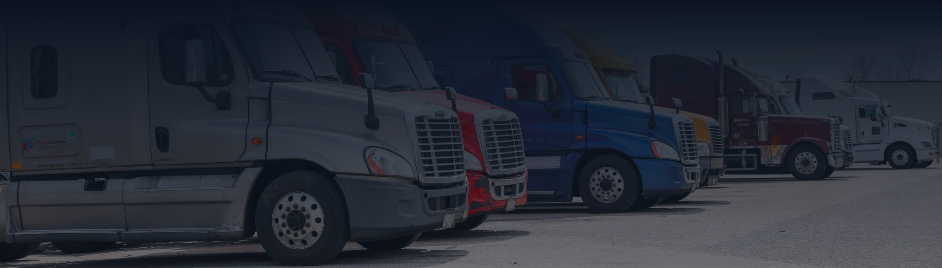 A row of parked tractor-trailer cabs