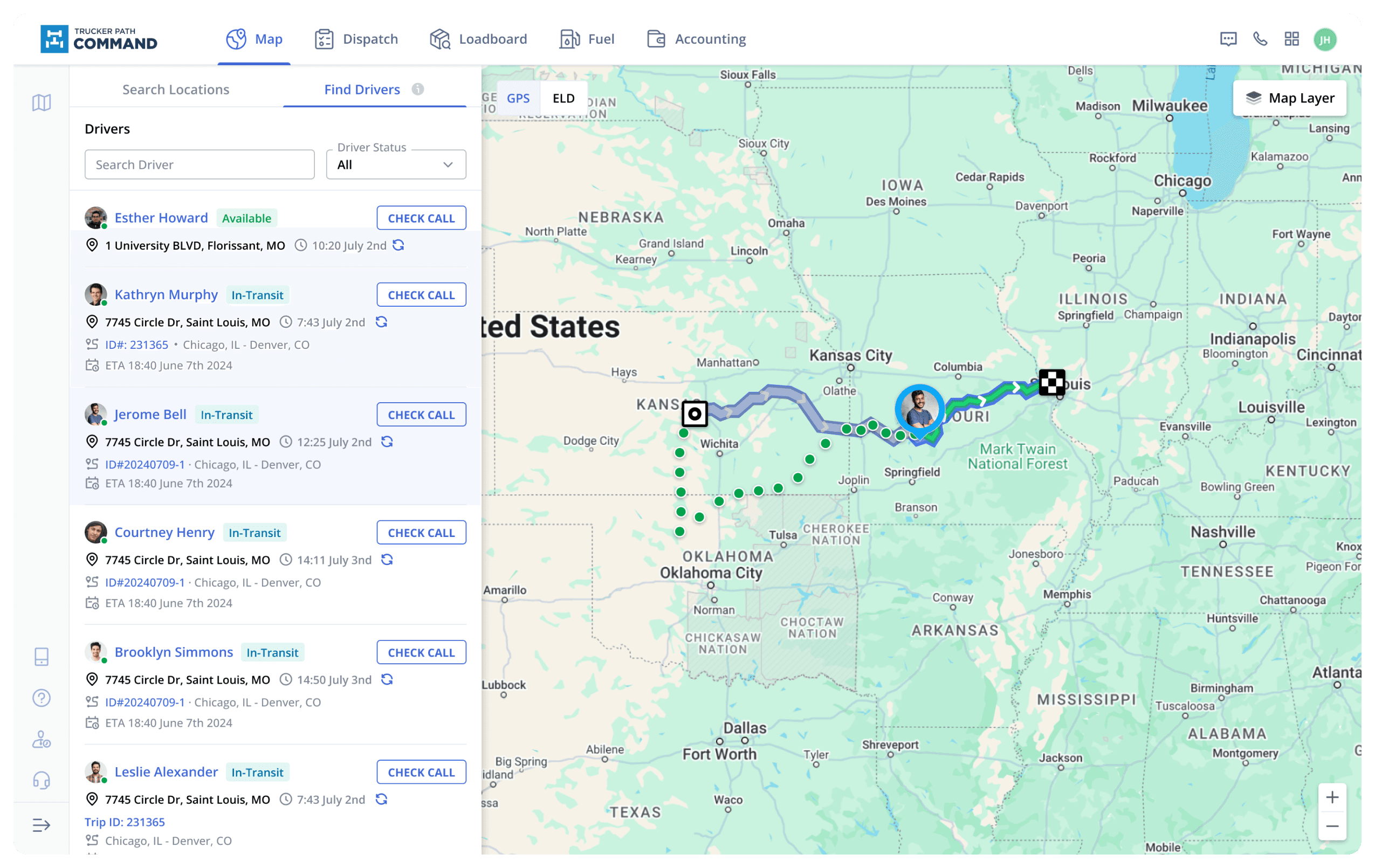 Trucker Path COMMAND product screenshot showing driver status and a fleet route on a map