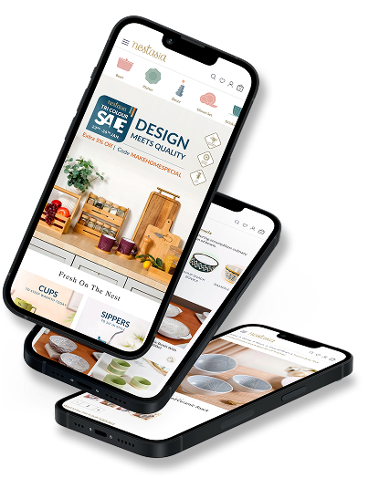 Nestasia shopping app displayed on three smartphone mockups