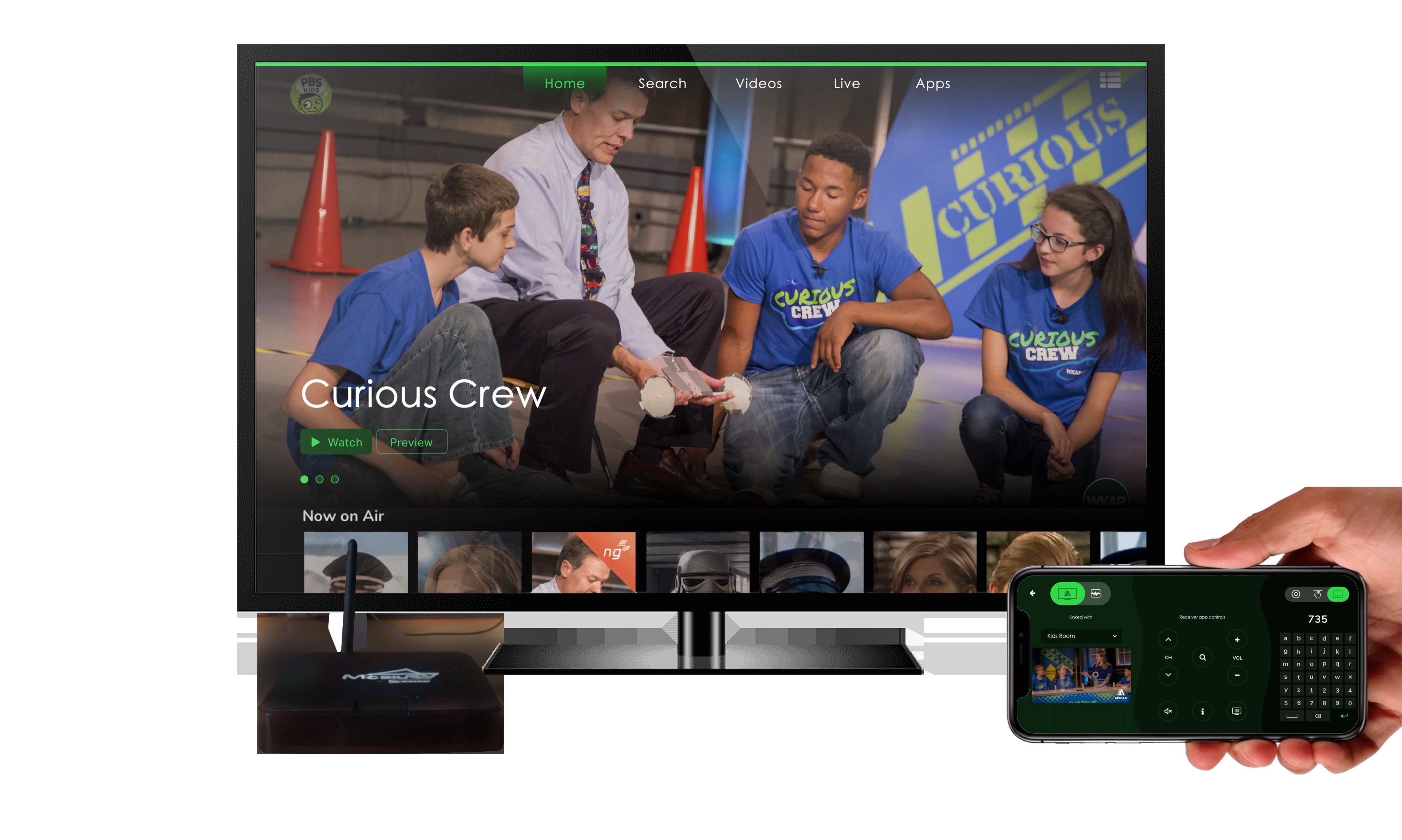 Published Mobius TV design showing a television interface, set-top receiver and companion phone app