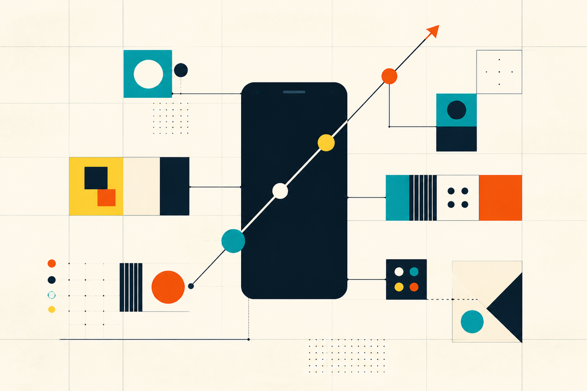 Abstract Swiss-style composition showing a mobile device connecting creative, search, media and commerce signals