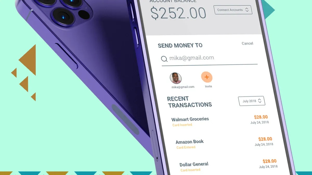 Historical promotional rendering of MoCaFi’s mobile banking app showing an account balance and payment controls