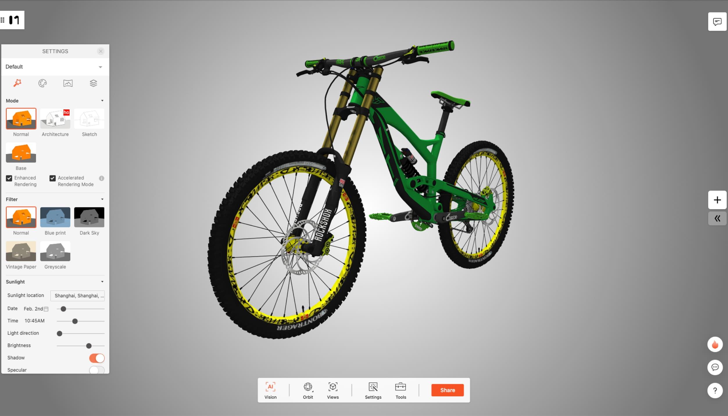 A green bicycle model in Modelo’s browser viewer, with visualization settings and sharing controls