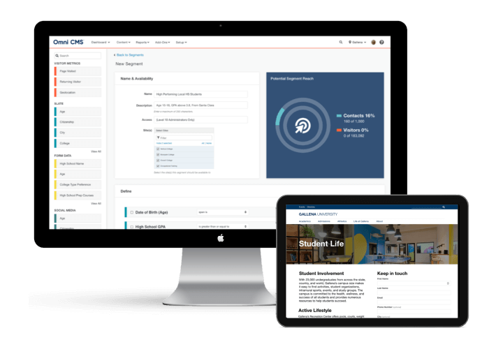 Modern Campus personalization product illustration showing a visitor segment dashboard and a college website