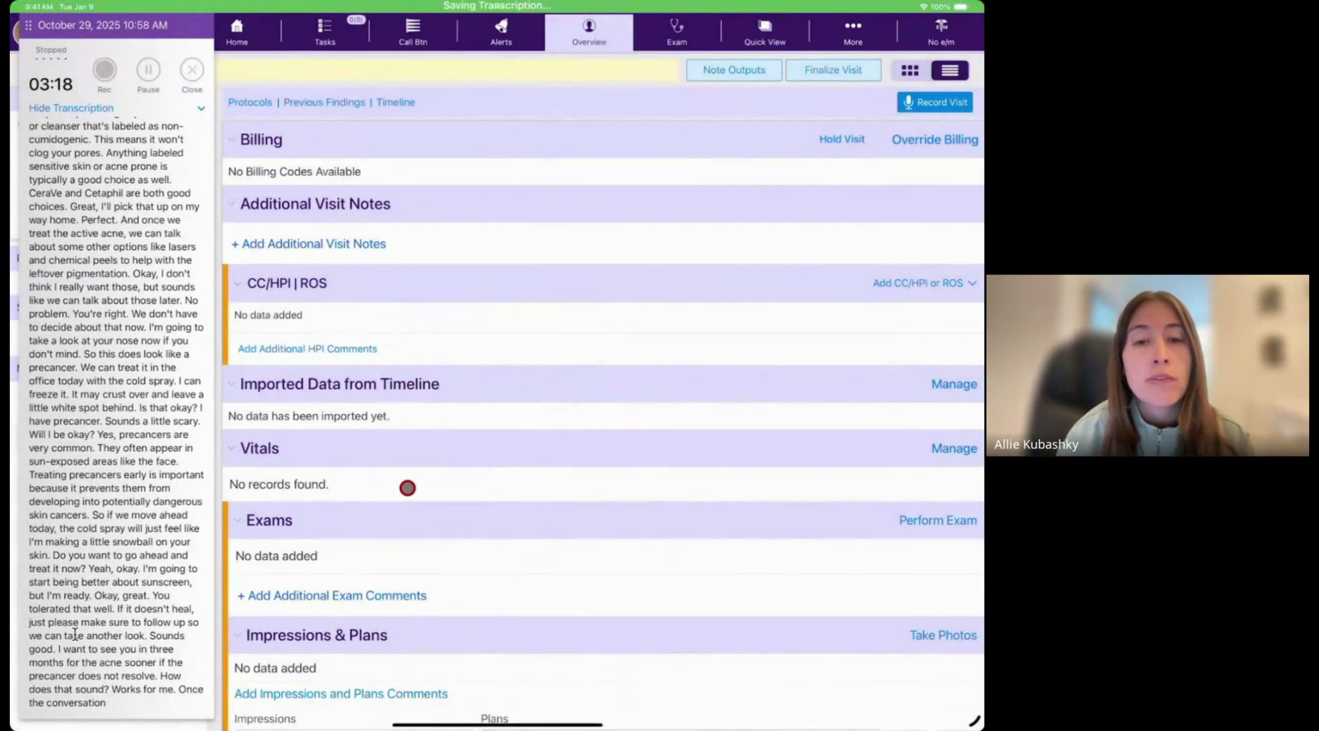 ModMed Scribe 2.0 demonstration showing a clinical conversation beside structured EHR fields