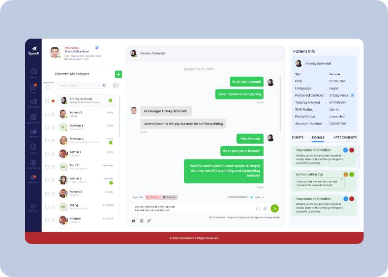 ModuleMD SPOCK promotional interface showing messaging beside patient information