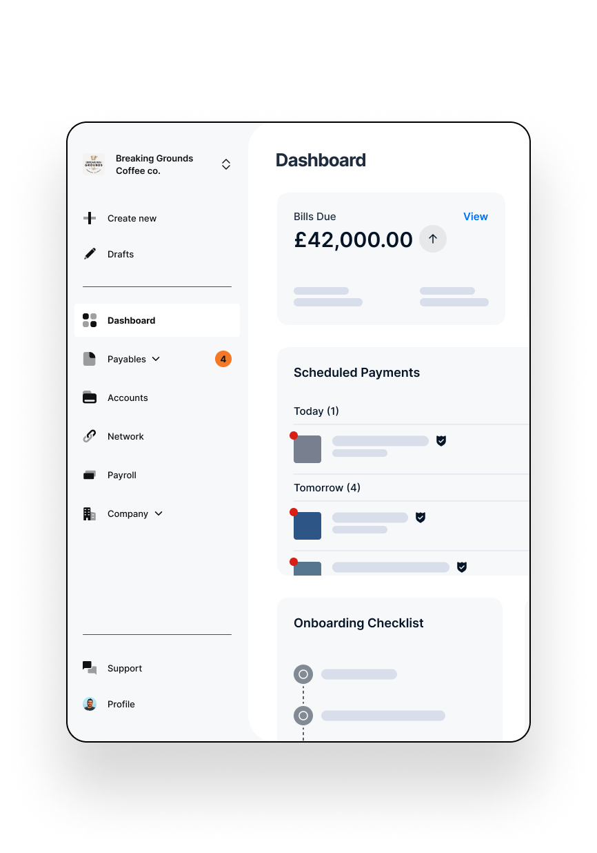 Illustrative Modulr Accounts Payable dashboard showing bills due and scheduled payments