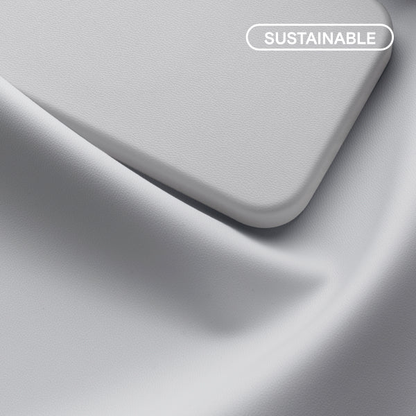 Close-up of MOFT's MOVAS vegan leather material with a sustainable tag