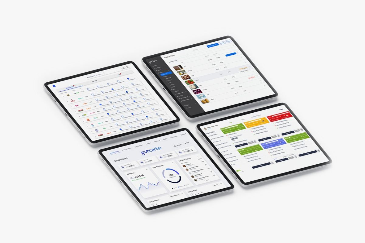 Grubtech publicity image showing menu, order and sales dashboards on four tablets
