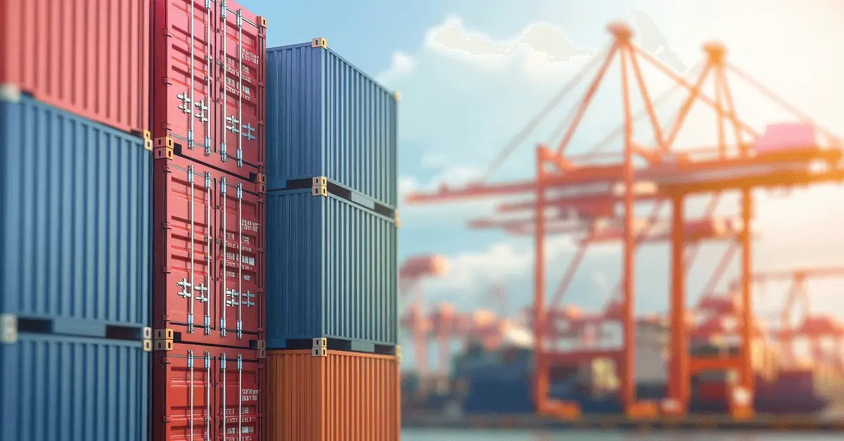Shipping containers stacked beside cranes at a global port