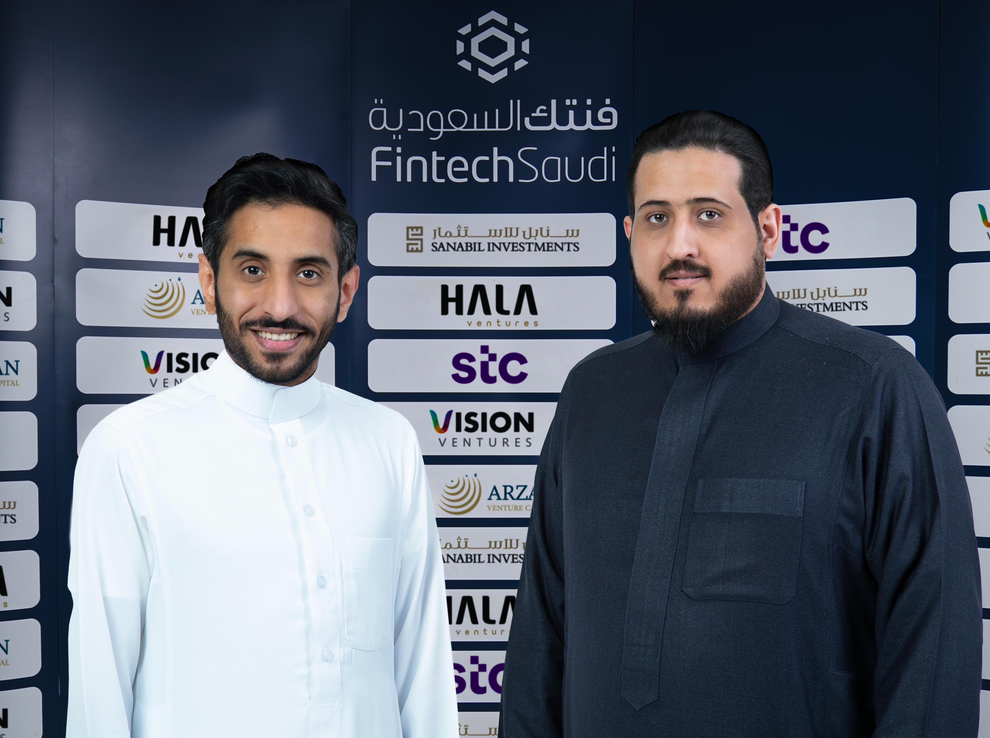 Mohammad Aleban, left, and Hamzah Al Ghamdi at Nearpay’s Series A announcement, with investor logos behind them
