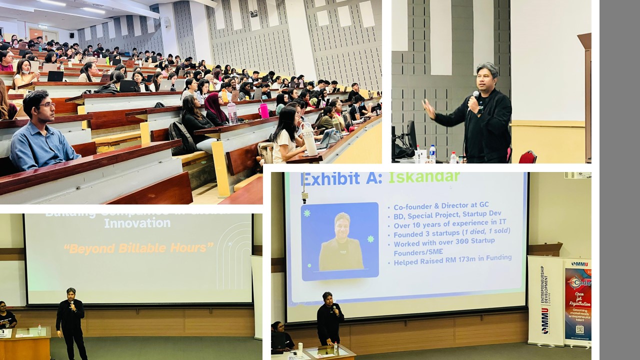 Iskandar speaking at MMU Melaka, alongside photographs of students and his career presentation