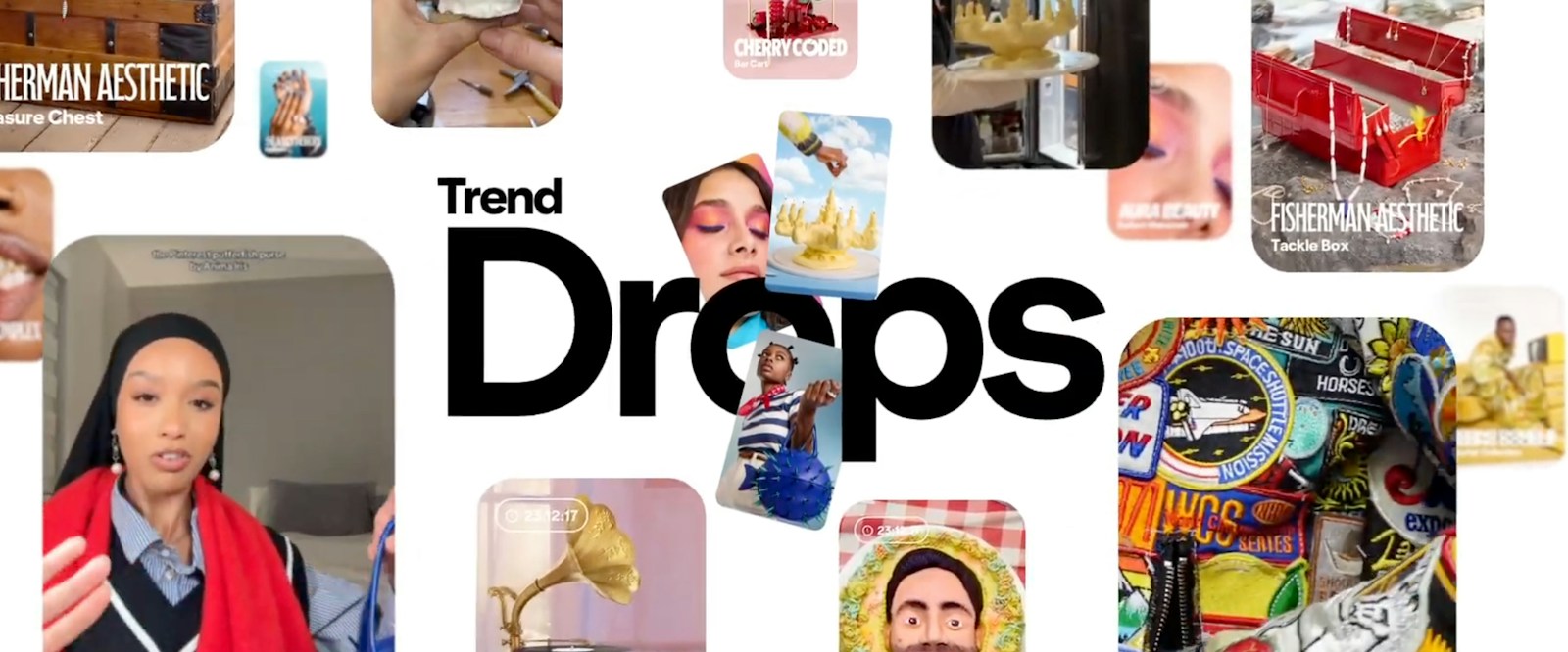 Pinterest Trend Drops collage showing creators, accessories, food and limited-edition products
