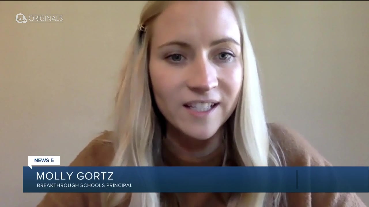 Molly Gortz speaking in a 2020 Cleveland television interview, identified on screen as a Breakthrough Schools principal