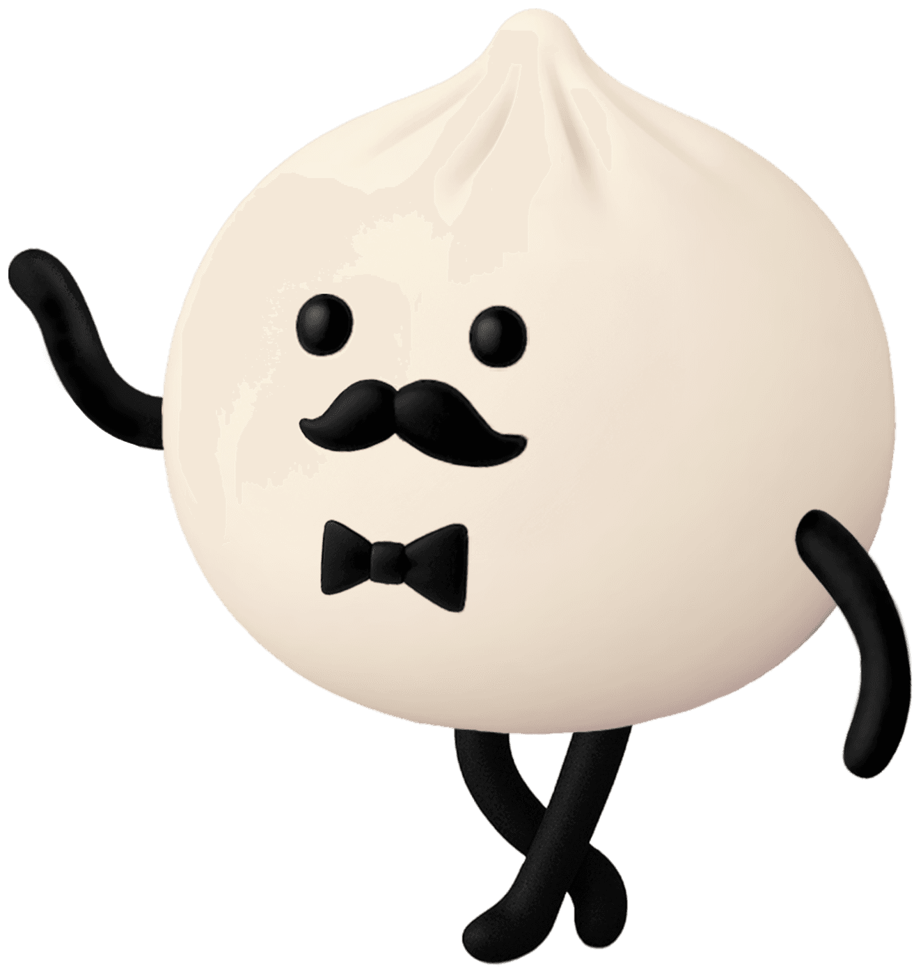 Momos brand mascot - a moustachioed, bow-tied dumpling