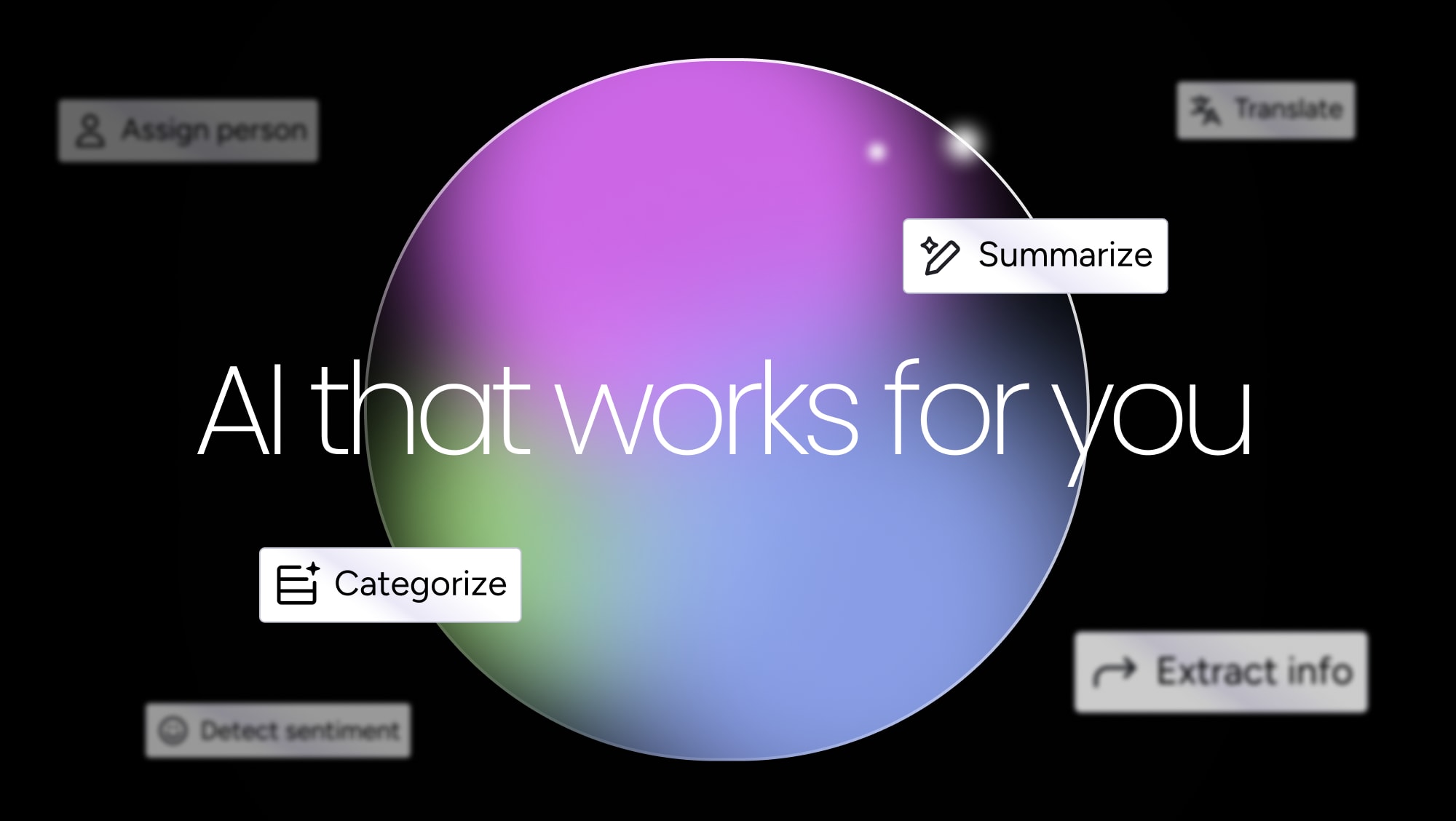monday AI illustration with actions for summarizing, categorizing, translating, and extracting information