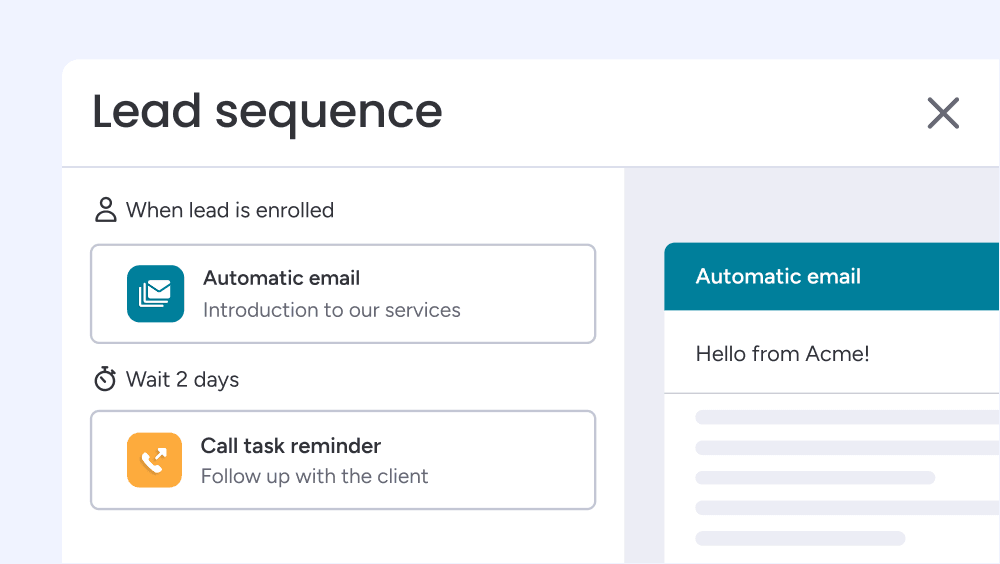 monday CRM lead sequence showing an automatic email followed by a call reminder