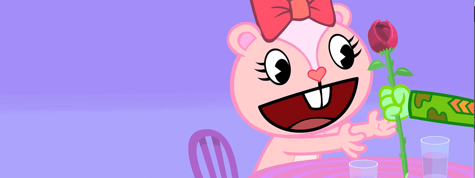 A smiling pink Happy Tree Friends character accepts a rose in a pastel scene