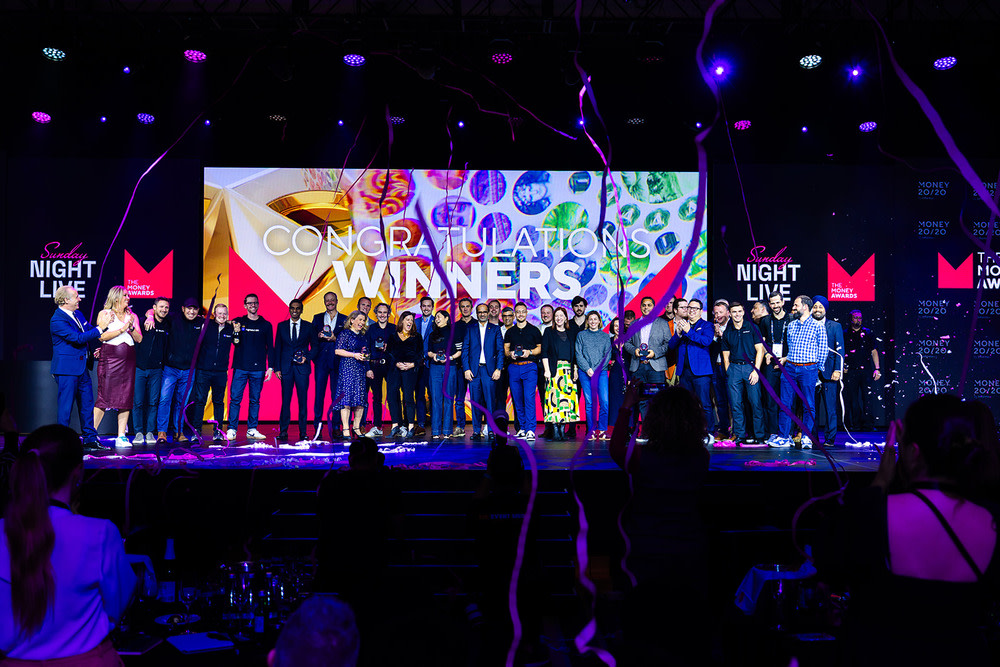 Money Awards winners gathered across a brightly lit stage at Money20/20 USA in 2025