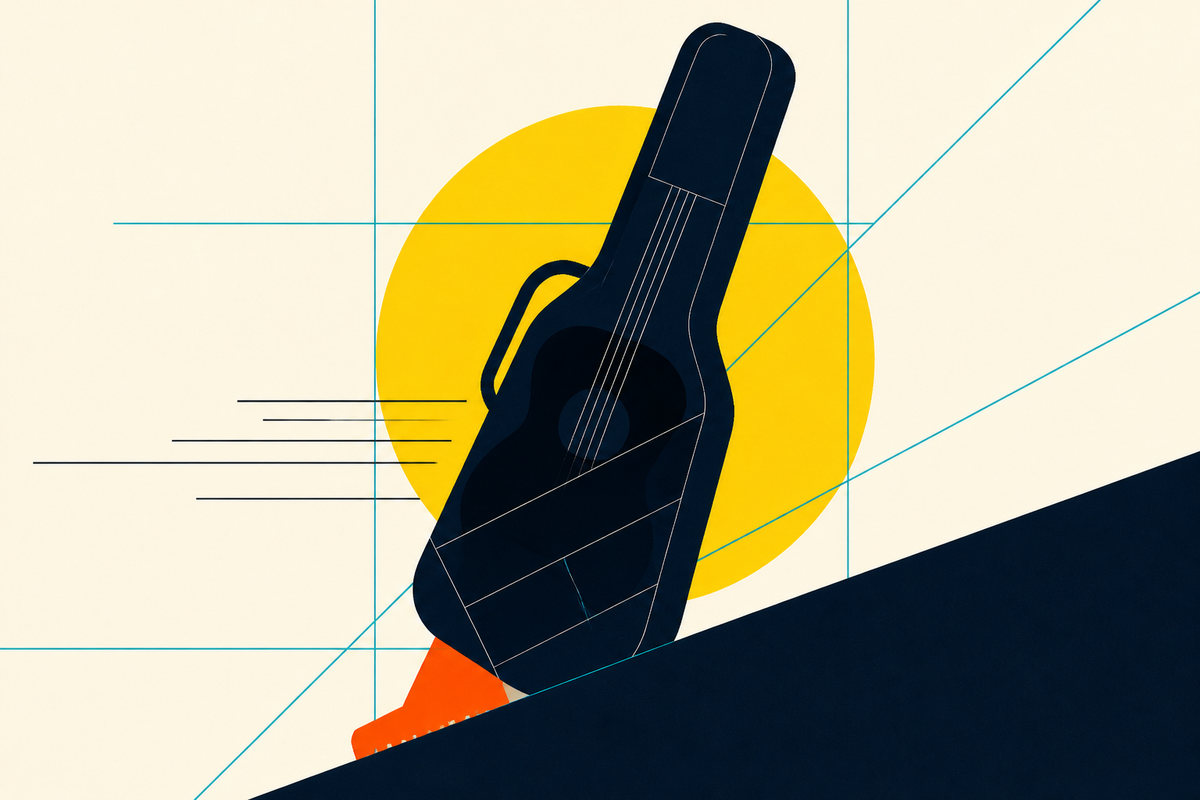 Abstract Swiss-style illustration of a dark guitar case moving through a geometric field