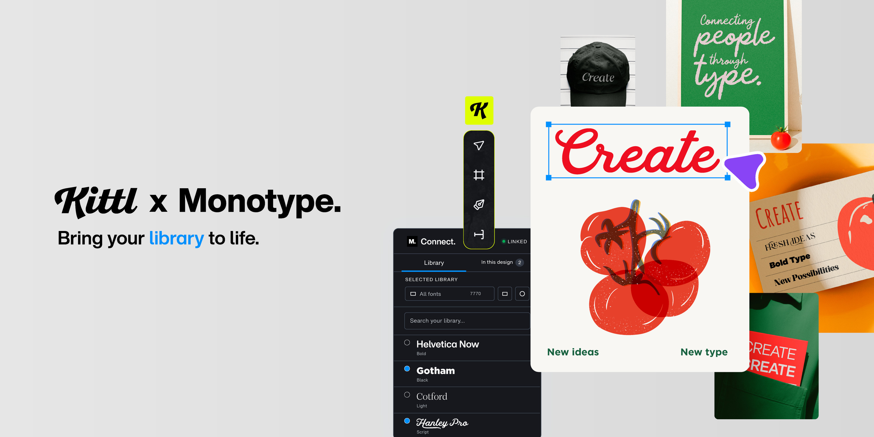 Kittl and Monotype integration showing approved fonts inside a creative design workflow