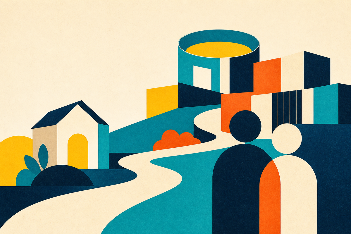 Abstract Swiss-style illustration of a path connecting a home, community forms and a larger care campus