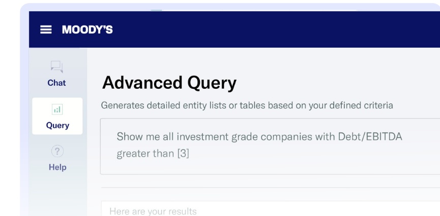 Moody’s Research Assistant Advanced Query interface showing a company screening prompt