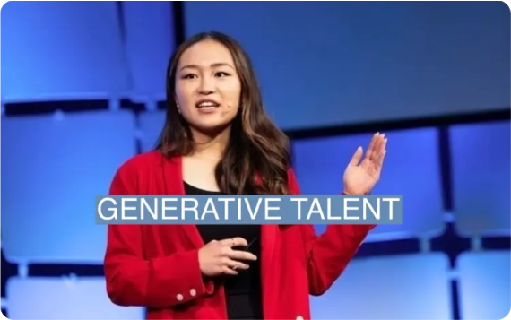 Nancy Xu presenting on stage with the words Generative Talent