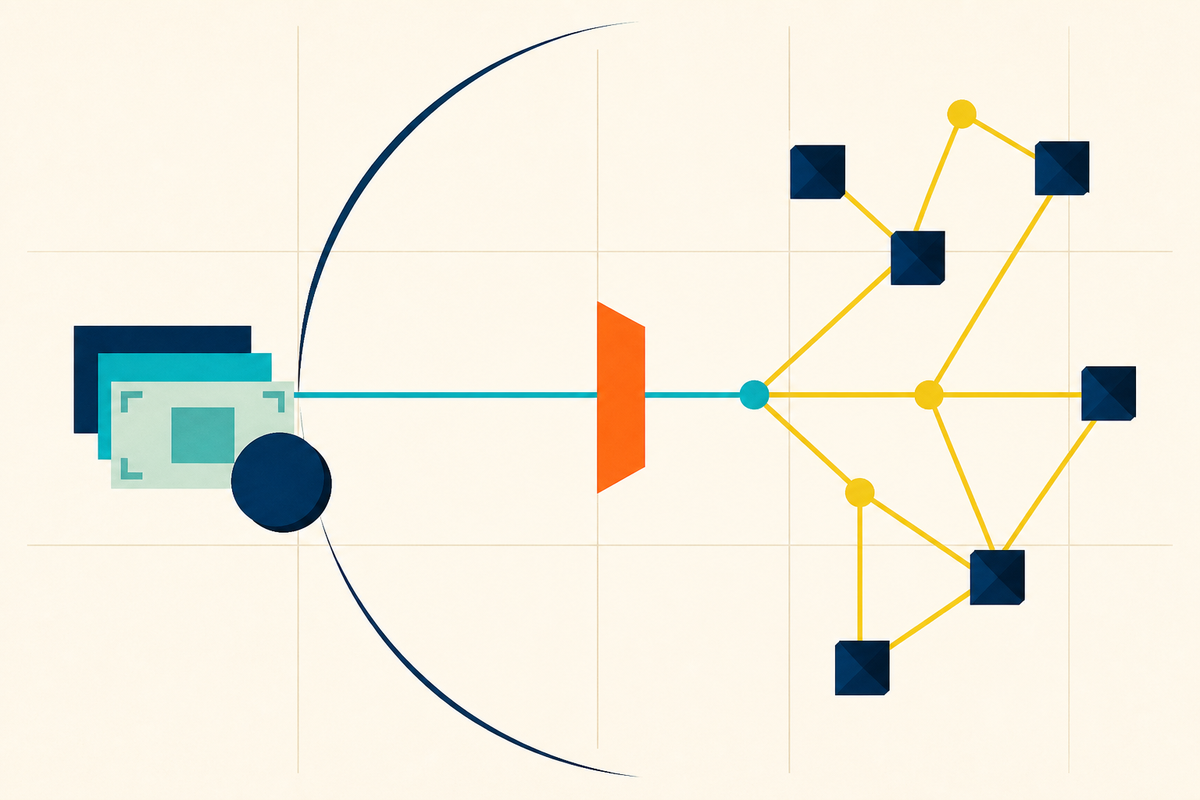 Abstract Swiss-style illustration of traditional payment forms passing through a gateway into a distributed network
