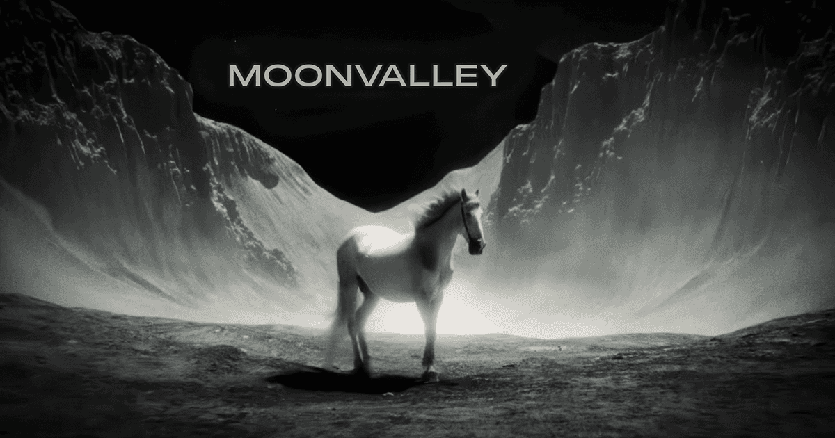 A monochrome horse standing in a lunar valley, from Moonvalley's official Marey imagery