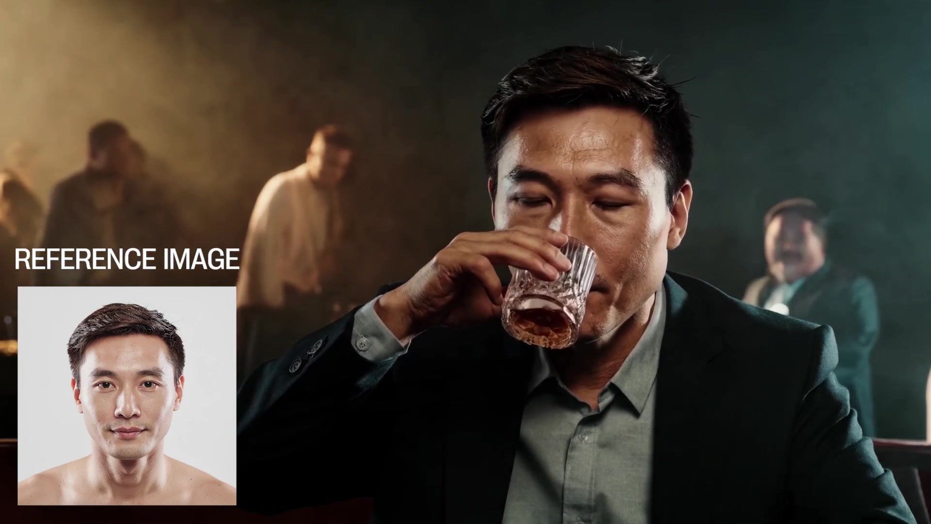 A man drinking from a glass in a Moonvalley character-reference demonstration