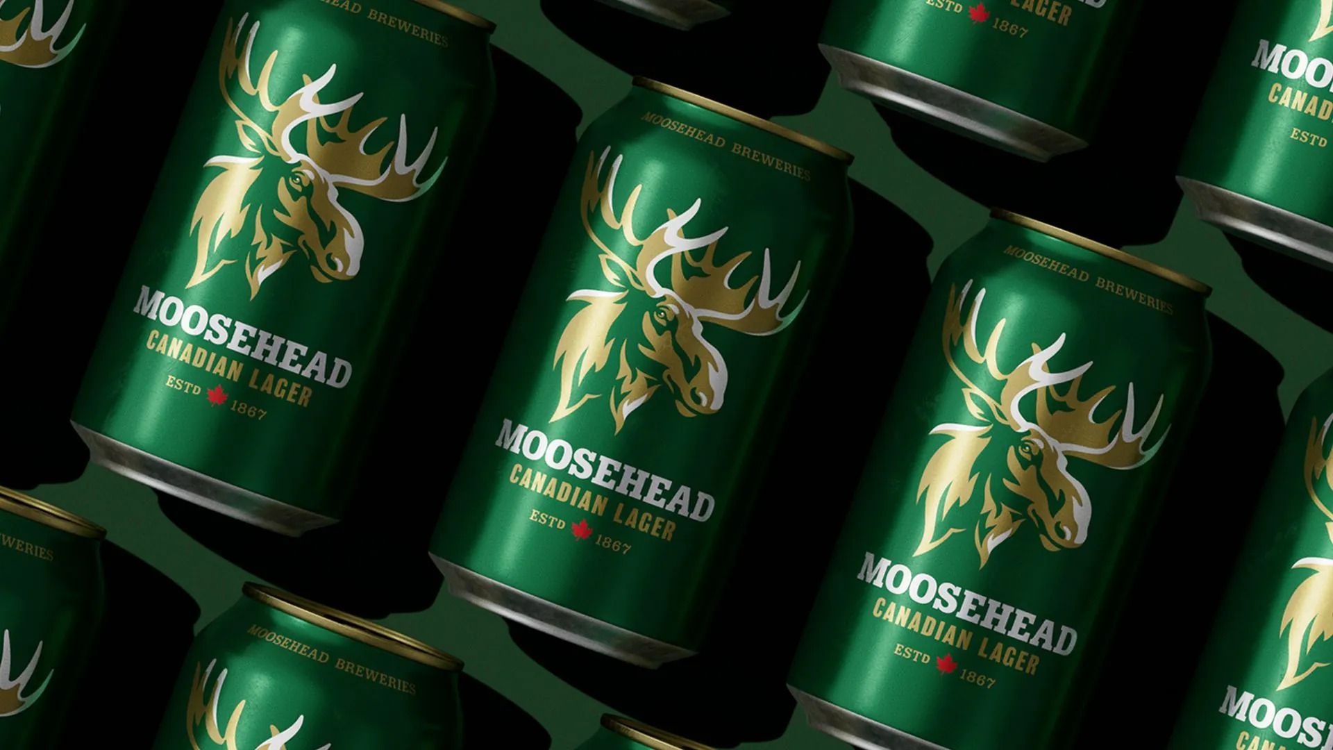 Rows of green Moosehead Canadian Lager cans