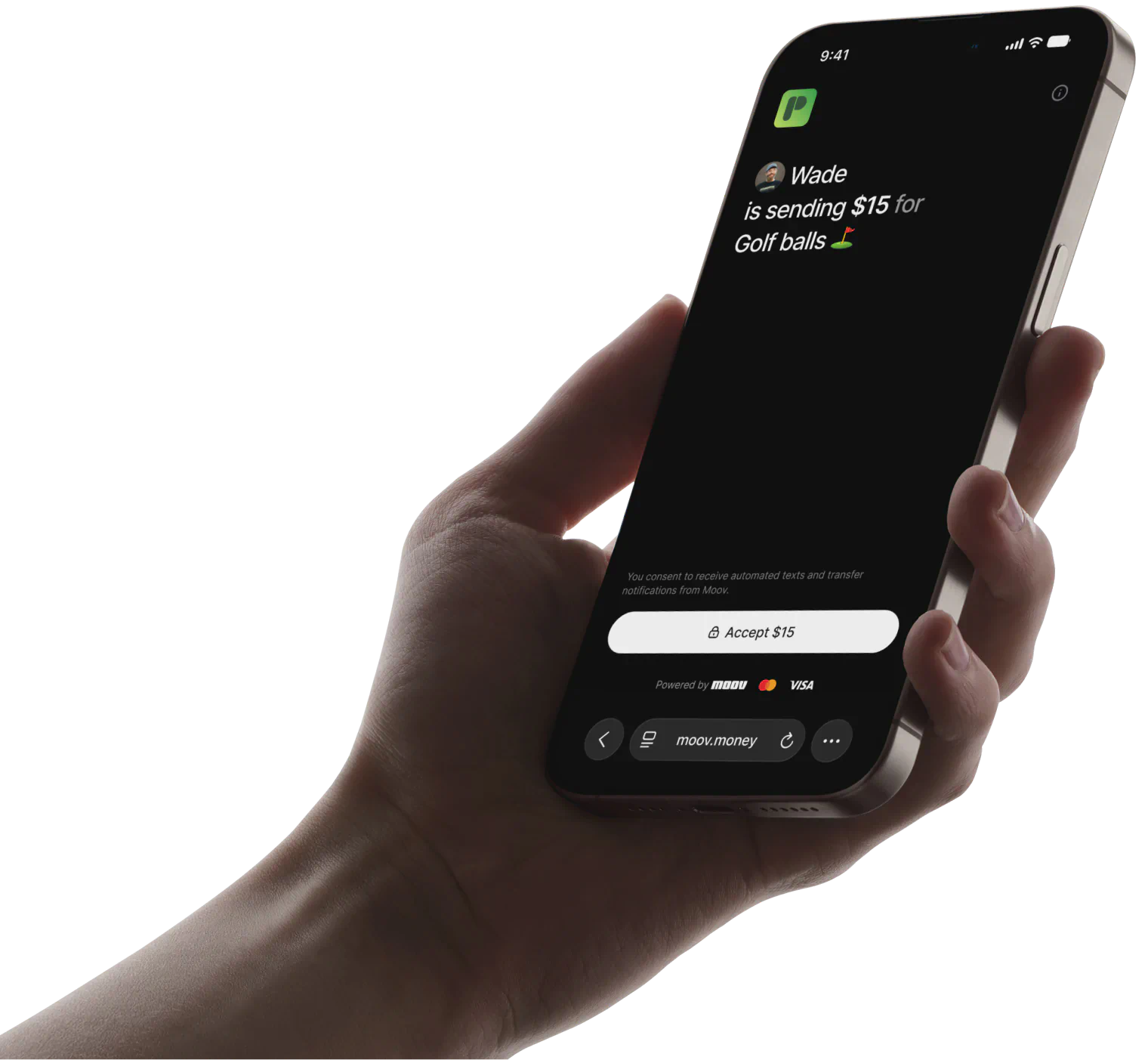 Official Moov Money product image showing a phone with a payment acceptance screen