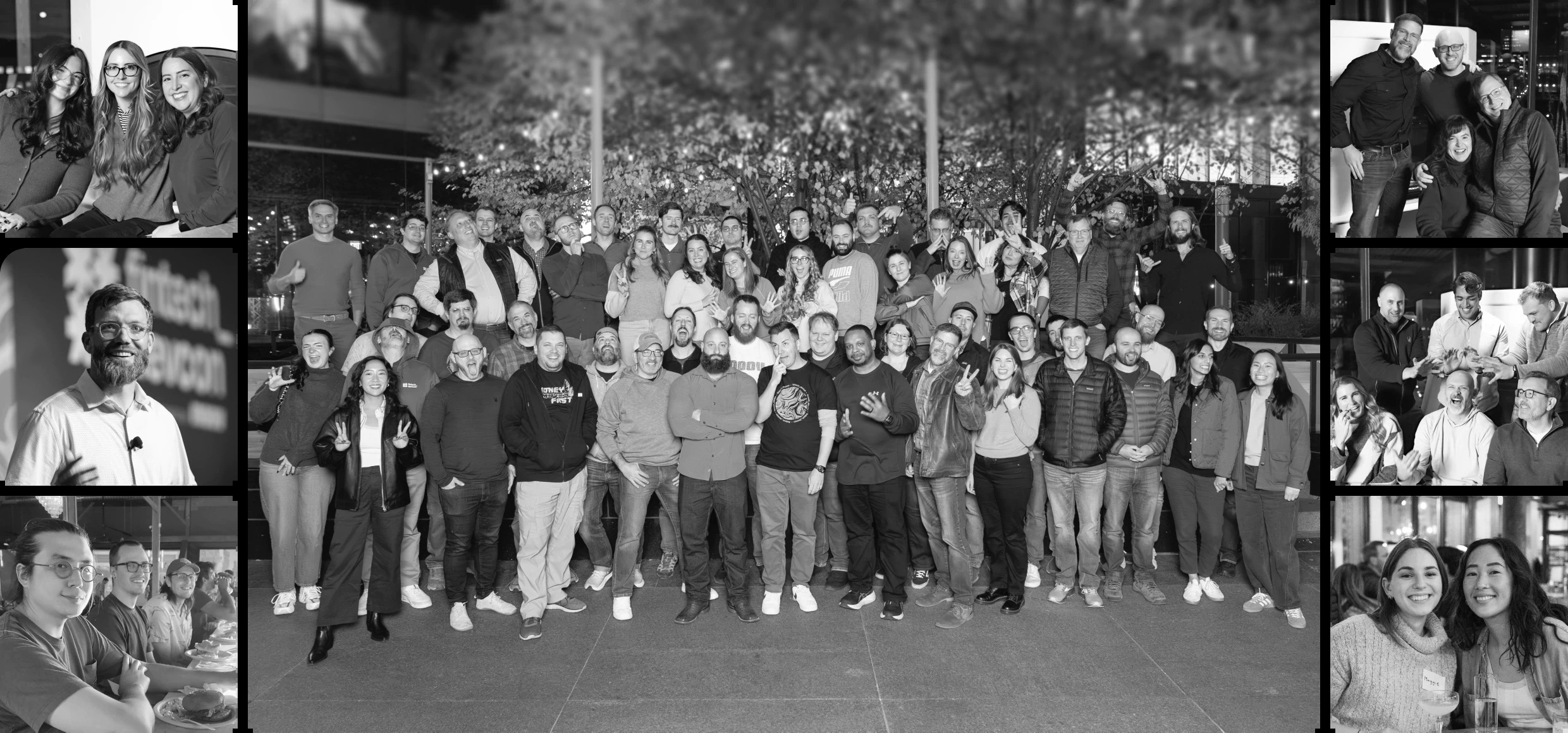Black-and-white collage of Moov team members gathering in person