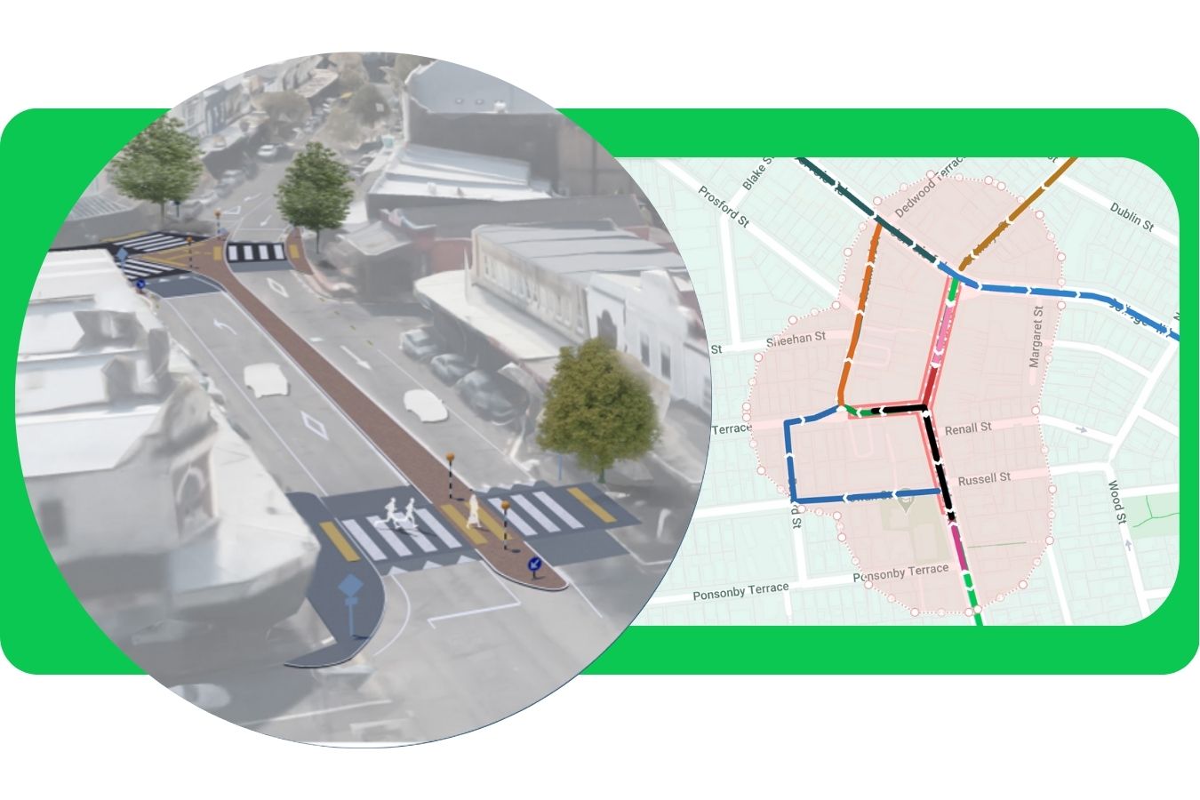 Auckland Ponsonby street design shown alongside Mooven route monitoring map