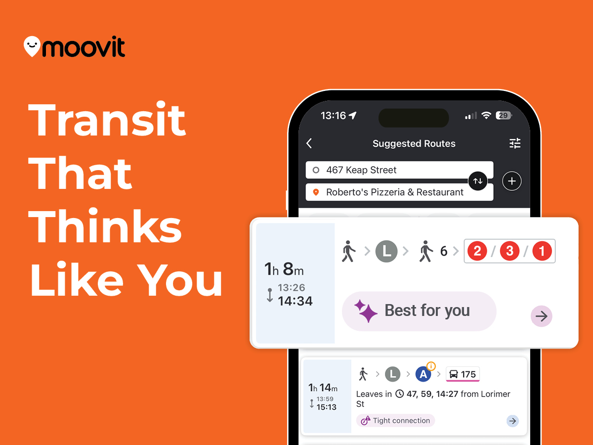 Moovit’s 2026 product artwork showing suggested transit routes with personalized recommendation and tight-connection labels