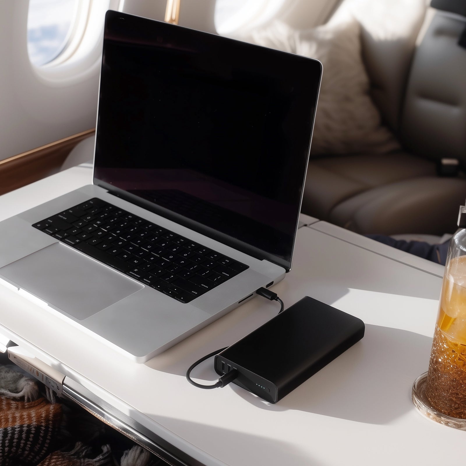 mophie powerstation ultra power bank on an airplane tray table