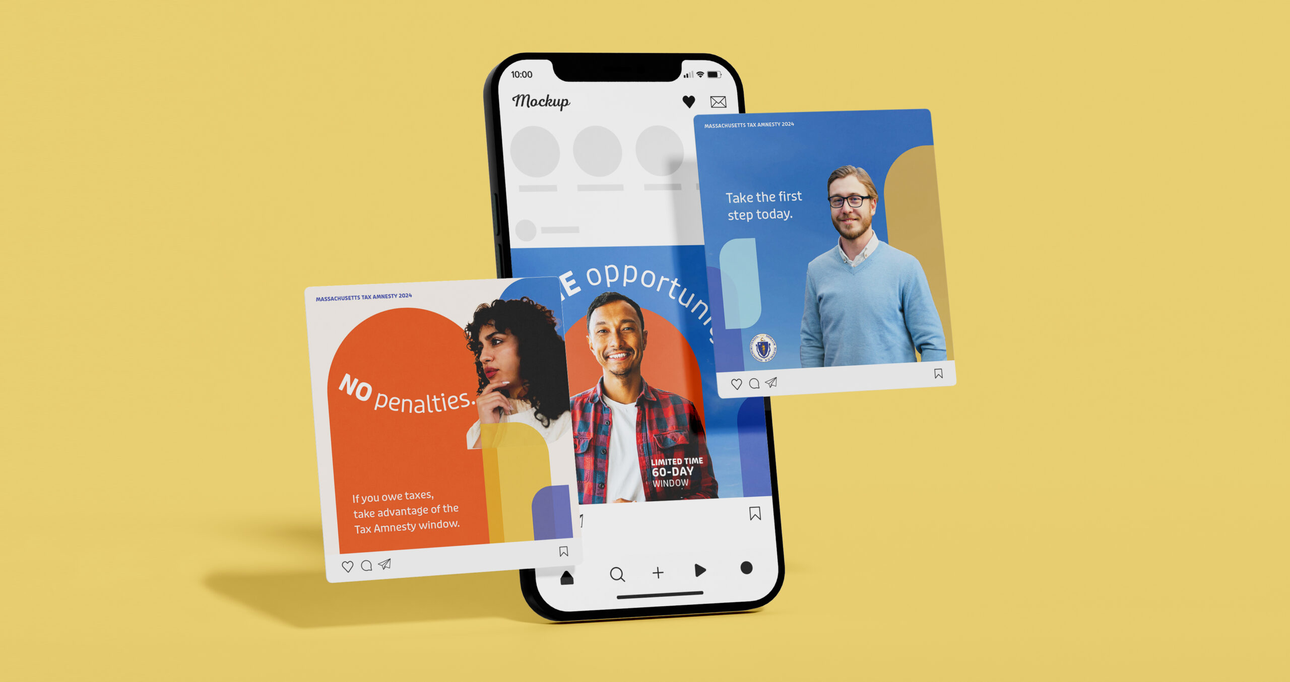 Massachusetts tax-amnesty campaign shown across a phone and colorful social posts