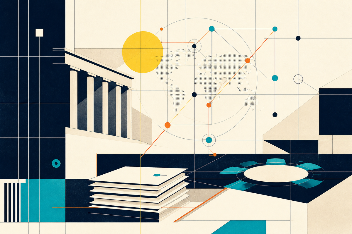 Abstract Swiss Style composition of connected jurisdictions, legal architecture and documents