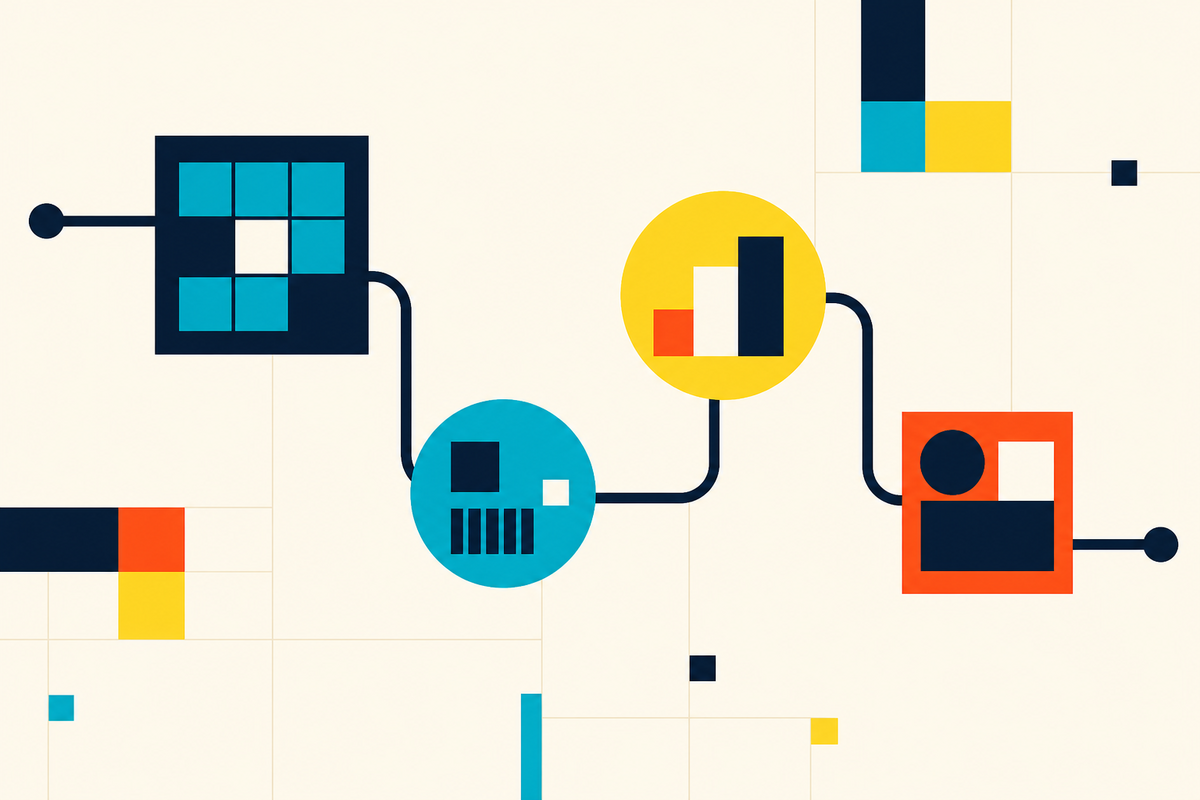 Abstract Swiss-style geometry showing four connected operating modules