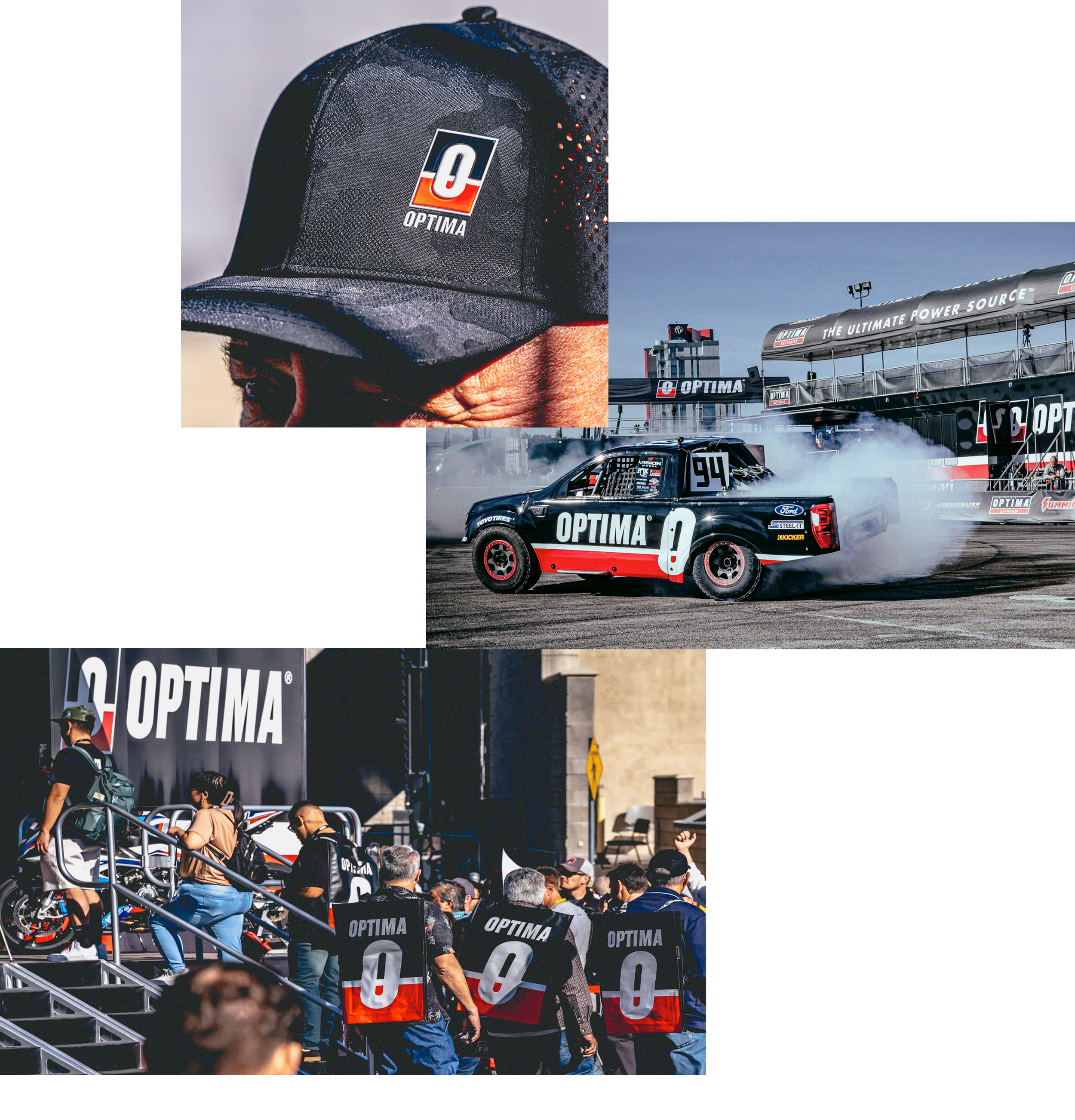A collage of OPTIMA's brand experience at the SEMA automotive show