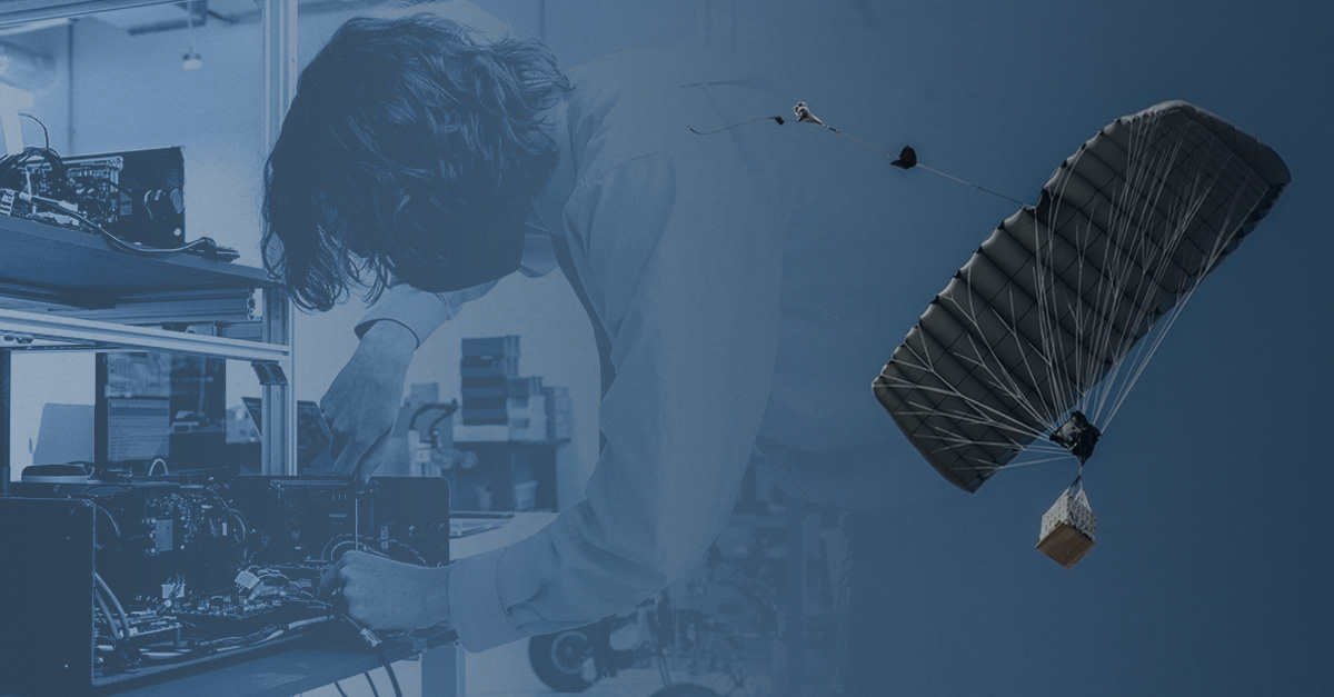 MORSE press-image composite of a technician working on equipment and a guided cargo parachute