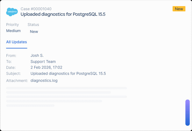 Mosaic AI product demonstration showing a newly uploaded PostgreSQL diagnostics case in Salesforce