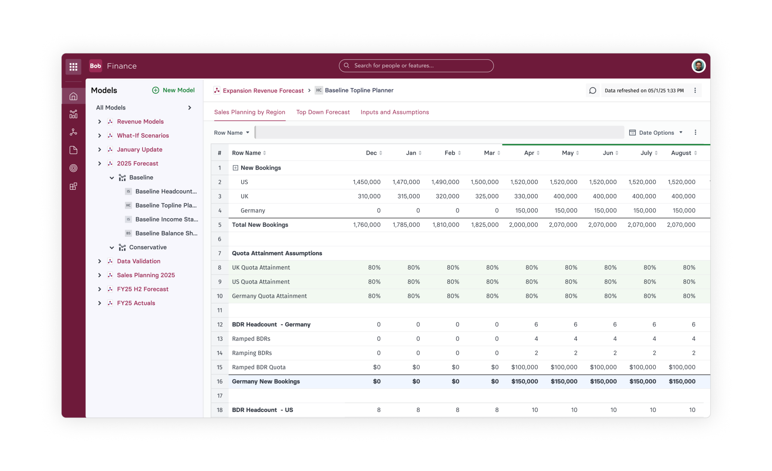 Bob Finance financial planning interface showing connected forecasting tools