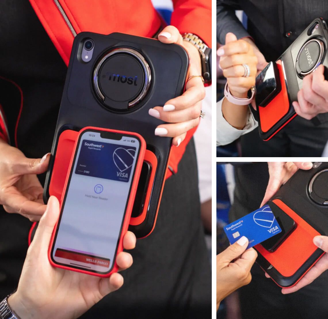 Southwest payment case showing an iPad, ring grip and detachable red payment reader