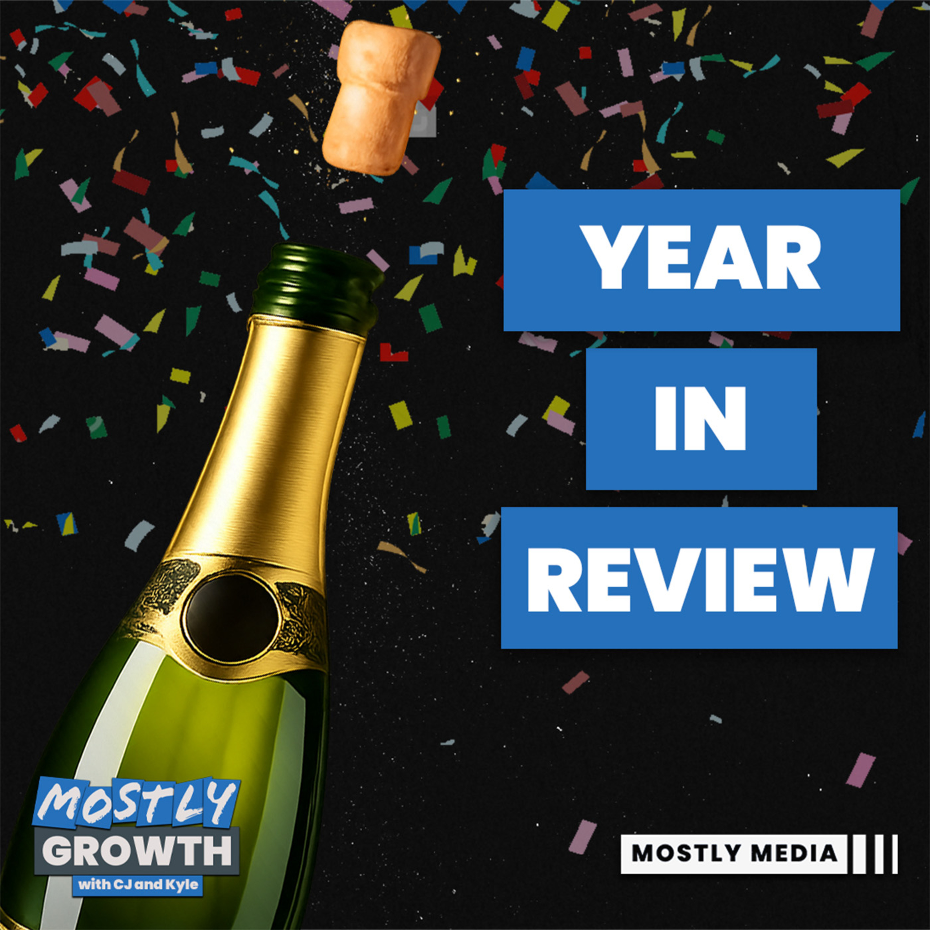 Official year-in-review episode artwork with a champagne bottle and confetti