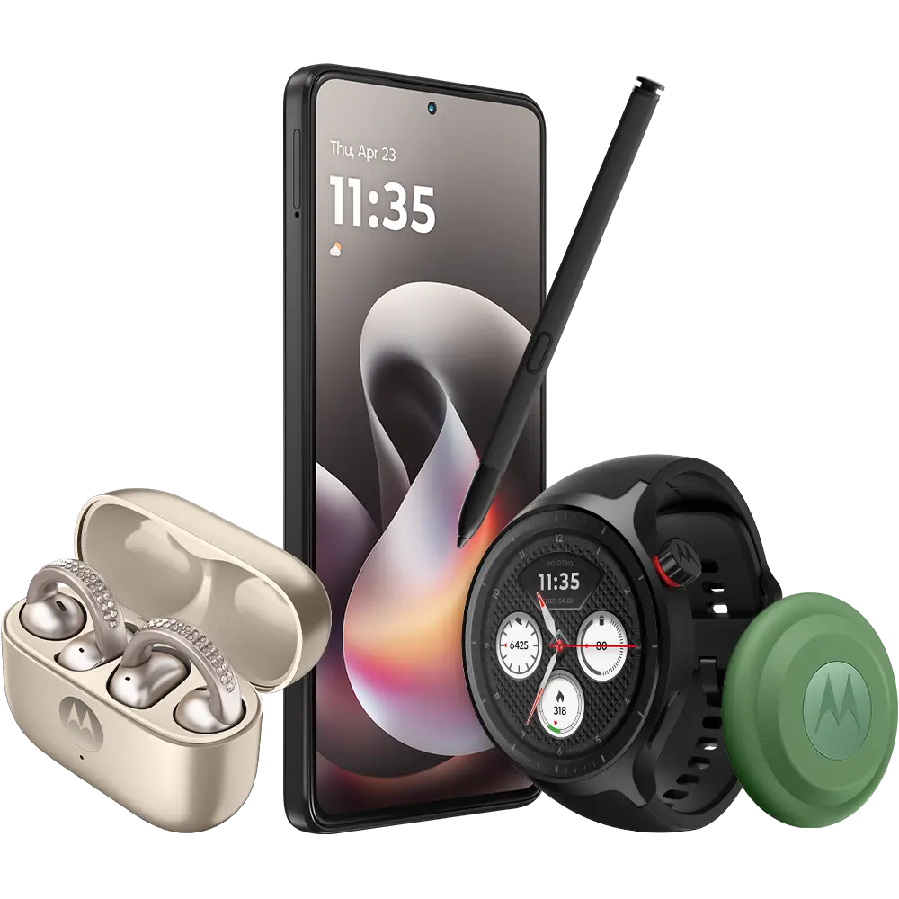 Motorola phone, earbuds, watch and tracker arranged together