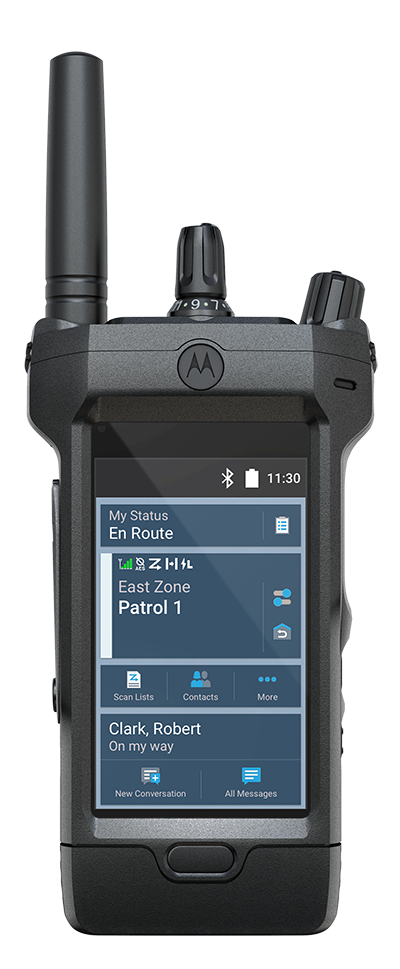 Motorola Solutions APX NEXT radio with antenna, tactile knobs and a color touchscreen