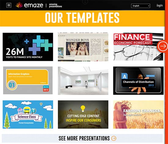A selection of emaze presentation templates shown in 2014